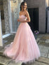 Long A-line Sweetheart Tulle Lace Prom Dress Pink Lace Formal Evening Gowns