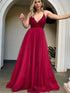 Long A-line V-neck Tulle Backless Prom Dress Burgundy Formal Evening Dresses