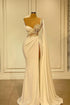 Long Mermaid Asymmetrical Ruffles Beading Satin Prom Dress With High Slit