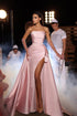 Long Mermaid Strapless Sleeveless Satin Formal Prom Dresses With Slit