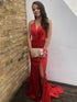 Mermaid V Neck Backless Backless Prom Dresses with Slit Halter Red Formal Evening Gowns