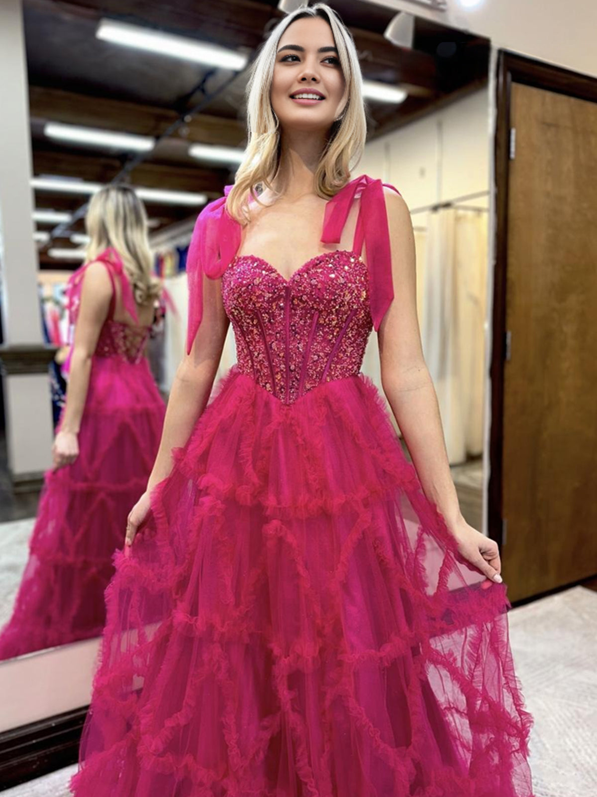 Michaella | Fuchsia A Line Sweetheart Tiered Tulle Long Prom Dresses Alinepromdress Michaella | Fuchsia A Line Sweetheart Tiered Tulle Long Prom Dresses Alinepromdress