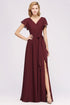 Elegant A-line V-Neck Short Sleeve Bridesmaid Dresses with Bow Sash Floor-Length Chiffon Evening Dress
