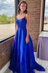 Misty | A Line V Neck Satin Long Prom Dresses with Beading