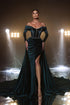 Modern Dark Green A-line Off-the-shoulder Long Sleeves Velvet Prom Dress With Slit