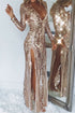 Modest Long V-neck Tulle Column Sequined Prom Dress with Sleeves