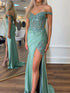 Modesty | Green Off The Shoulder Appliqued Mermaid Prom Dress With Split