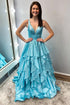 Nacre | Aqua Blue Hot Stone Multi-Layer Ruffle Long Prom Dress