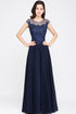 Navy Blue A-line Scoop Appliques Chiffon Prom Dress