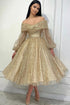 Obsessing Gold A-line Off-the-shoulder Sequined Prom Dress with Long Sleeves