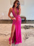 Fuchsia Halter Mermaid Beaded Prom Dress With Split