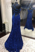 Mermaid Sequins Long Prom Dresses Blue Backless Evening Dresses Y1003