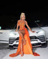 Sexy Orange Sleeveless Evening Dress With High Slit, Luxury Evening Gown Y998