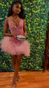Cute V Neck Pink Short Homecoming Dress and Bottom Tulle Ruffles Pink Birthday Outfit Dress  Y762