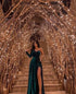 One Sleeve Green Velvet Evening Dress With High Slit Generous Green Evening Gown Y563