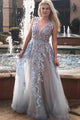 A-line Floral Appliques Long Prom Dress Plunging Neckline Formal Gown ZXS731