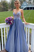 Blue sweetheart neck lace long prom dress lace blue bridesmaid dress GJS722