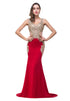 Red V-Neck Mermaid Sweep-length Appliques Formal Dresses