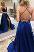 Royal Blue Long A-Line V-neck Satin Open Back Prom Dress With Slit