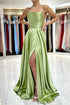 Sage Evening Dresses Simple Long A-line Satin Prom Dress With Slit