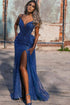 Sexy Blue V-neck Off-the-shoulder Sequined Prom Dress With Slit