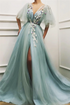 Sexy Long A-line Deep V Neck Tulle Front Slit Prom Dress with Sleeves