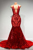 Sexy Long Red Halter Backless V-neck Lace Sleeveless Mermaid Prom Dress