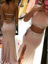 Sheath/Column Halter Sleeveless Beading Spandex Two Piece Prom Dresses