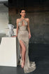 Shiny Halter Slim Prom Dress with Side Split & Sweep Train