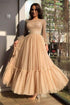 Short A-line Bateau Sequins Tea-length Tulle Prom Dresses with Sleeves