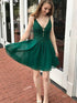 Short A-line V Neck Tulle Lace Prom Dresses Green Formal Graduation Evening Dresses