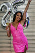 Short Fucsia Sequins V-neck Sleeveless Prom Dresses with Slit