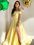 Simple A-line Off Shoulder Satin Long Prom Dresses with Slit