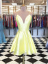 Simple A Line V Neck Yellow Satin Short Prom Homecoming Dresses