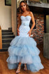 Sky Blue High Low Strapless Tulle Mermaid Prom Dress
