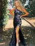 Soren | Mermaid One Shoulder Black Sequins Long Prom Dresses with Sequins Flowers