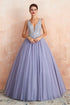 Sparkly Double V-Neck Aline Ball Gown Crystals Tulle Floor Length Party Dress