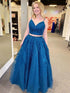 Sparkly Two Pieces Long A Line V Neck Lace Appliques Tulle Formal Prom Dresses