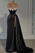 Stylish Long Black A-line Sleeveless Satin Split Front Prom Dress with Jewels