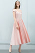 Tea Length Pink A-line Off-shoulder Prom Dresses with Sash