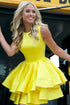 Tiered Skirt Yellow Homecoming Dresses Short Prom Dress Satin Prom Gown PD372