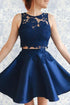 Two Piece Dark Blue Satin Homecoming Dress with Lace Appliques PG157