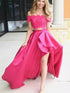 Two Pieces High Low A-line Off The Shoulder Lace Satin Formal Prom Dresses