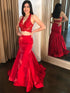 Two Pieces Mermaid V Neck Lace Red Long Formal Prom Dresses