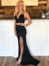 Two Pieces Mermaid V Neck Satin Black Long Prom Dresses with High Slit