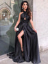 Unique Black A-line Halter Neck Satin Long Formal Prom Dresseswith High Slit