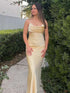 Veilurae | Champagne Spaghetti Straps Mermaid Satin Long Formal Dress