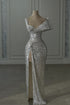 Vintage Column Sequined Off-The-Shoulder Sleeveless Silver Prom Dresses With Split Front