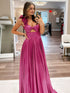 A-Line Fuchsia One Shoulder Keyhole Pleated Metallic Prom Dress with Slit