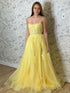 Yellow Long A-line Tulle Lace Open Back Formal Prom Dresses